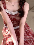 Chic French Vintage Ballet-Inspired Red & White Plaid Sundress with Lace Trim - Sleeveless, A-Line Mini Dress for Petite Women, Sweet & Spicy Style, Machine Washable