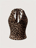 [Slim Fit Backless Crop Top] Leopard Print Halter Neck Top, Sexy Backless Slim Fit Crop Top For Spring & Summer, Women's Clothing