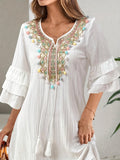 [Colorful Pom-Pom A-Line Dress] Colorful Pom-Pom Embroidered A-Line Dress - Women's Fashion Notched V-Neck with Ruffle Three Quarter Sleeves, Tassel Trim - Polyester 100%, Regular Fit, Woven Fabric, 120g/m², Spring/Summer/Fa
