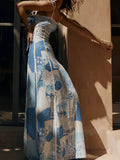Polyester Vacation Style 1pc Women'S Printed Maxi Dress - Ruffle Neckline and Spaghetti Straps - Woven Slingback Dress for Adults