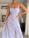 Vintage Floral Print Square Neck Sleeveless Midi Dress with Adjustable Thin Straps & Front Zipper, Light Purple Floral Design, Backless Detail - Perfect for Spring/Summer/Fall, Casual Summer Dress | Vintage Floral Dress | Ruf