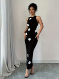 Elegant Women's Sleeveless Maxi Dress with 3D Floral Design - Chic Round Neck, Stretchy Polyester Blend, Machine Washable - Perfect for All Seasons