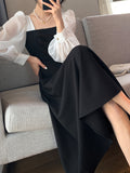 [Chic Long Sleeve A-Line Dress] Elegant Black Organza A-Line Dress for Women - Chic Long Sleeve with French-Inspired Square Neckline, Vintage Mesh Detail, Perfect for Spring & Autumn Events