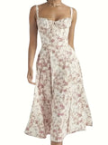 [Trendy Ruched Tie Front Cami Dress] Milkmaid Dress, Ditsy Floral Dress, Corseted Dress, Midriff Waist Shaper, Trendy Women's Ruched Tie Front Split Thigh Cami Dress Sleeveless Womenswear Comfortable