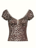 [Summer Retro Leopard Crop Top] Women's Y2K Aesthetic Retro Leopard Print Crop Top, V-Neck, Short Sleeve, Knit Fabric, Summer Fashion, Elegant Collection