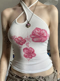 [1pc Y2K Fashion Halter Tank] 1pc Y2K Style Women'S Fashion Halter Neck Tank Top, Floral Print, Polyester Knit Fabric, Regular Length, No Padding - All Seasons Casual Wear