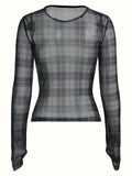 Stretchy Polyester Blend Crew Neck Long Sleeve Top - Elegant Striped Sheer Mesh - Machine Washable Women's Fashion