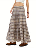 1pc Women'S Plaid Polyester Skirt - Elastic Waist, Ruffled Tiered Design, Casual Style, All-Season Woven Skirt