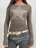 Women's Star Patch Tops Slim Round Neck Long Sleeve T-Shirt Casual Streetwear for Fall