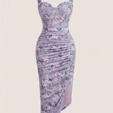 Elegant Square Neck Bodycon Floral Print Dress - Split Hem, Women's Clothing for Spring & Summer