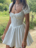 White Lace Trim Tie-Up A-Line Dress