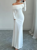 1pc Elegant White Polyester Bodycon Maxi Dress, Long Sleeve Off-Shoulder Backless Ribbed Knit Twist Fish Tail Hem, All-Season Solid Color Dress for Adults