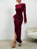 [Long Sleeve Solid Dress] Long Sleeve Split Hem Solid Dress, Elegant Crew Neck Slim Dress For Party & Banquet, Women's Clothing