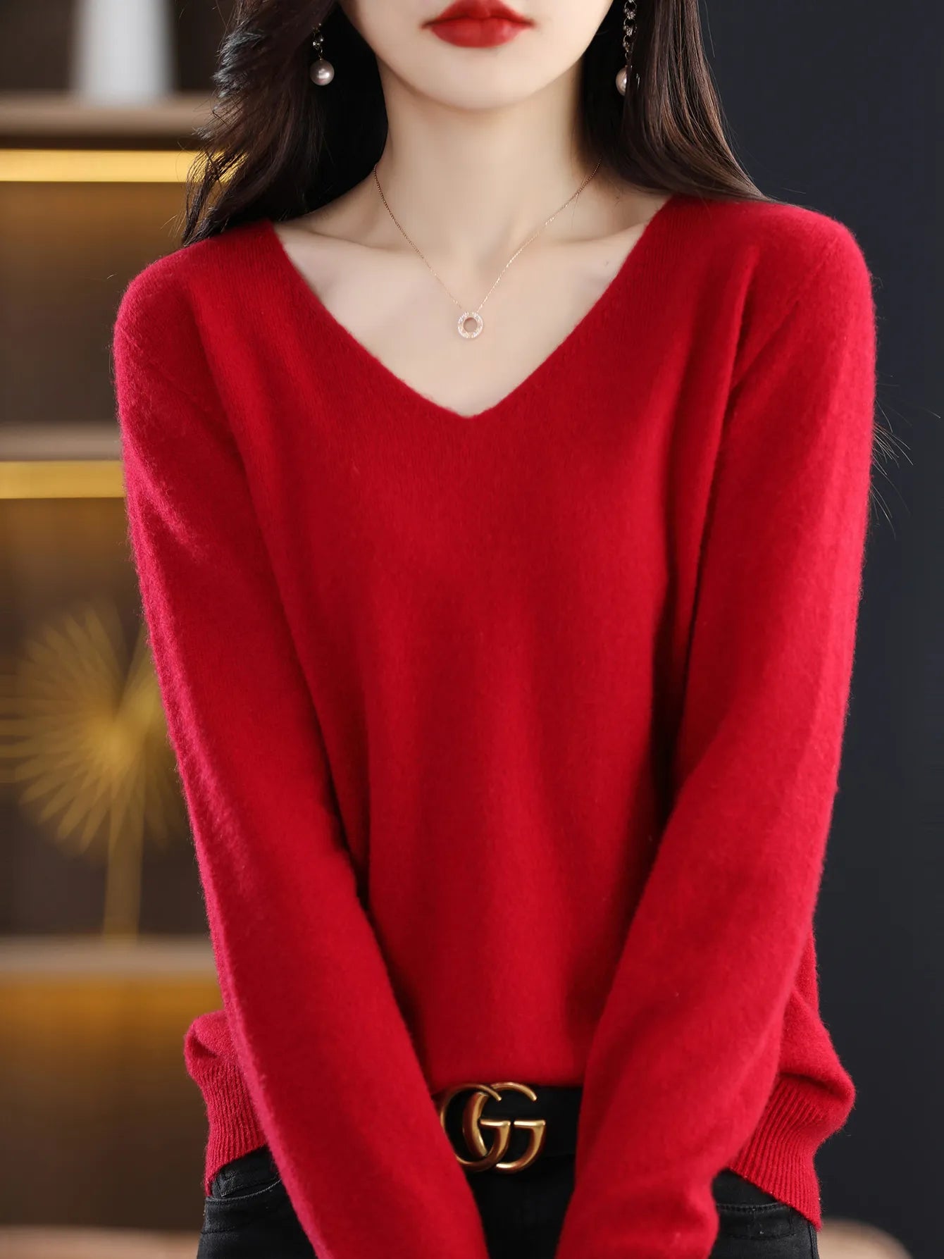 Sweater for Women 100% Merino Wool V Neck Sweater Fall Winter Basic Warm Pullovers Long Sleeve Knit Jumpers Female Clothing