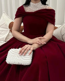 Velvet Evening Gown 2025 Off Shoulder Prom Dress Pleated Pearl High Neck Mesh Panel Long Formal Party Dress Customized
