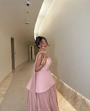 Strapless Satin Pink A Line Evening Dress 2025 Saudi Arabic Formal Gown Cape Prom Dress Wedding Party Gown Customized