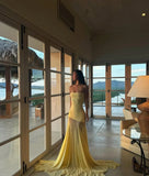 Customized Elegant Strapless Yellow Elegant Evening Gown 2025 Chiffon Mermaid  Long Prom Dress Formal Party Gown