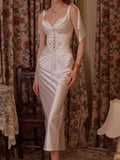 Lace Long Dress With Detachable Garland Elegant Style Backless Sleeveless Bridesmaid Satin Ladies Dress