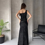 One Shoulder Sequined Prom Dress Black Slit Formal Evening Gown Sexy Party Dress Long Celebrity Dress Women Customizd