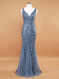 Silver Gray Elegant Fashion Evening Dresses Sexy Simple V Collar Open Back Sleeveless Embroidered Beads Fishtail Dress Gown