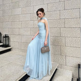 Customized Pleated Chiffon Cape Prom Dress Women 2025 Strapless Light Blue Elegant Evening Gown Long Formal Party Dress