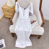 Lace Long Dress With Detachable Garland Elegant Style Backless Sleeveless Bridesmaid Satin Ladies Dress