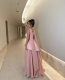 Strapless Satin Pink A Line Evening Dress 2025 Saudi Arabic Formal Gown Cape Prom Dress Wedding Party Gown Customized