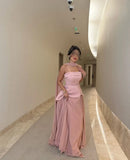 Strapless Satin Pink A Line Evening Dress 2025 Saudi Arabic Formal Gown Cape Prom Dress Wedding Party Gown Customized