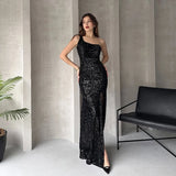 One Shoulder Sequined Prom Dress Black Slit Formal Evening Gown Sexy Party Dress Long Celebrity Dress Women Customizd