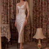 Lace Long Dress With Detachable Garland Elegant Style Backless Sleeveless Bridesmaid Satin Ladies Dress