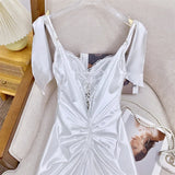 Lace Long Dress With Detachable Garland Elegant Style Backless Sleeveless Bridesmaid Satin Ladies Dress
