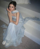 Customized Pleated Chiffon Cape Prom Dress Women 2025 Strapless Light Blue Elegant Evening Gown Long Formal Party Dress