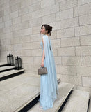 Customized Pleated Chiffon Cape Prom Dress Women 2025 Strapless Light Blue Elegant Evening Gown Long Formal Party Dress