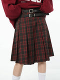 American College Style Red Plaid Pleated Skirt Women's Spring Design Color Contrast A-line High Waist Short Skirt Femal
