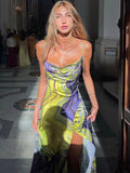Autumn Spaghetti Strap Print Maxi Dress For Women Gown Fashion Sleeveless Bodycon High Split Long Printed Dress