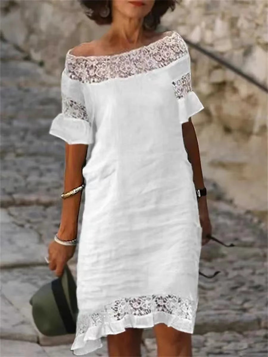 New Casual Lace Patchwork One Line Collar Cotton Linen Solid Short Sleeved Dress
