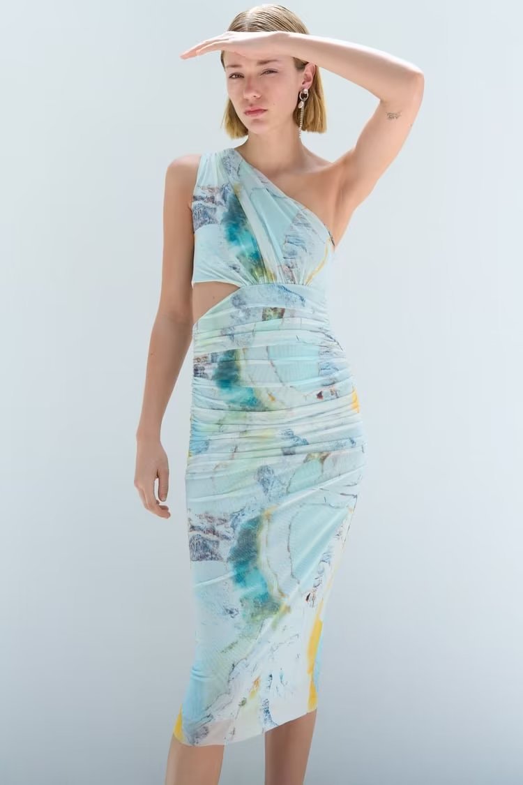 Summer Print Tulle Dress New Female Beach Resort Style Asymmetrical Collar Waist Hollow Out Design Perspective Dress