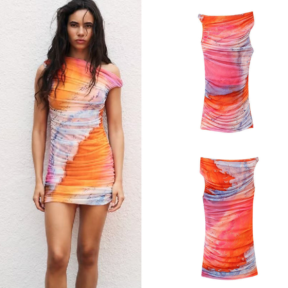 Summer Pleated Tulle Dress For Women Fashion Beach Style Asymmetrical Collar Printed Slim Fit Sexy Mini Dress