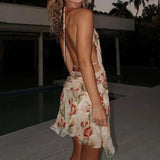 Print Asymmetrical Backless Halter Neck Dress