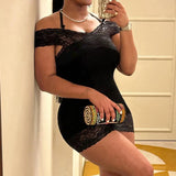 Black Halter Lace Patched Off Shoulder Dress