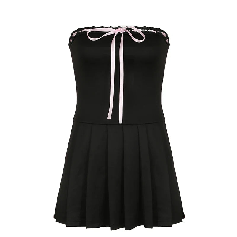 Vintage Strapless Tie-Up Bow Lace Pleated Dress