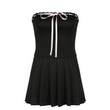 Vintage Strapless Tie-Up Bow Lace Pleated Dress