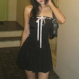 Vintage Strapless Tie-Up Bow Lace Pleated Dress