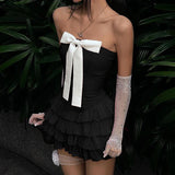 Black Strapless Bow Ruffles Tiered Dress
