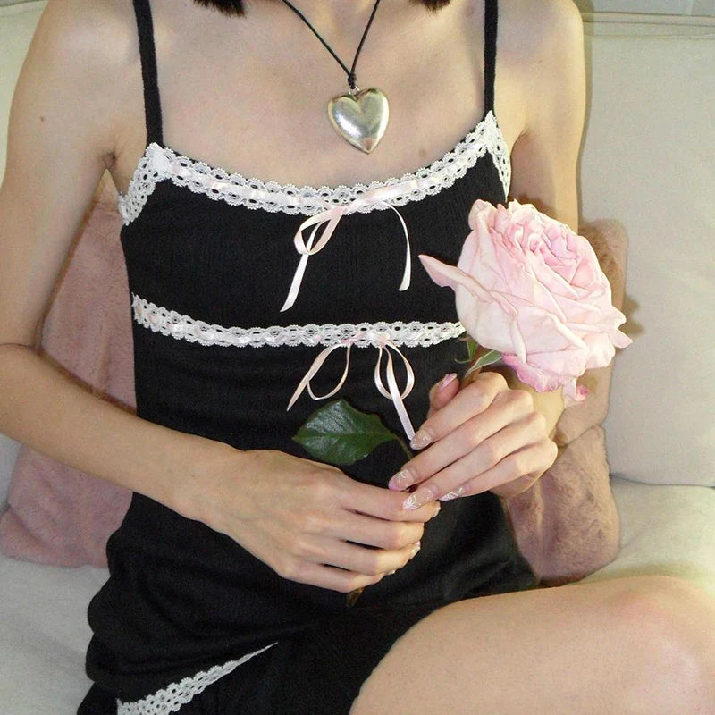 Black Bow Lace Trim Frill A-Line Dress