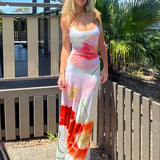 Flowers Printing Strap Backless Beach Dress