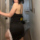 Black Strap V Neck Split Bow Dress