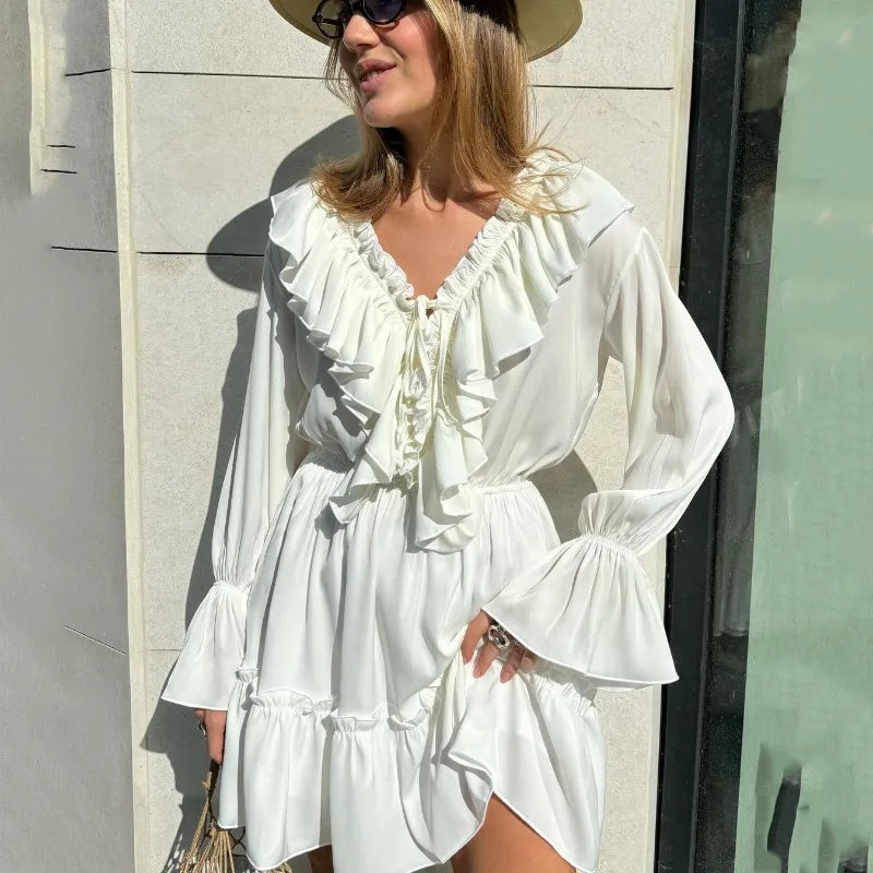 Deep V Neck Folds Dress Women Fashion Ruffle White Loose Long Sleeve Dresses Femme Street Casual Elegant Mini Dress Woman