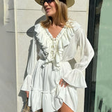 Deep V Neck Folds Dress Women Fashion Ruffle White Loose Long Sleeve Dresses Femme Street Casual Elegant Mini Dress Woman
