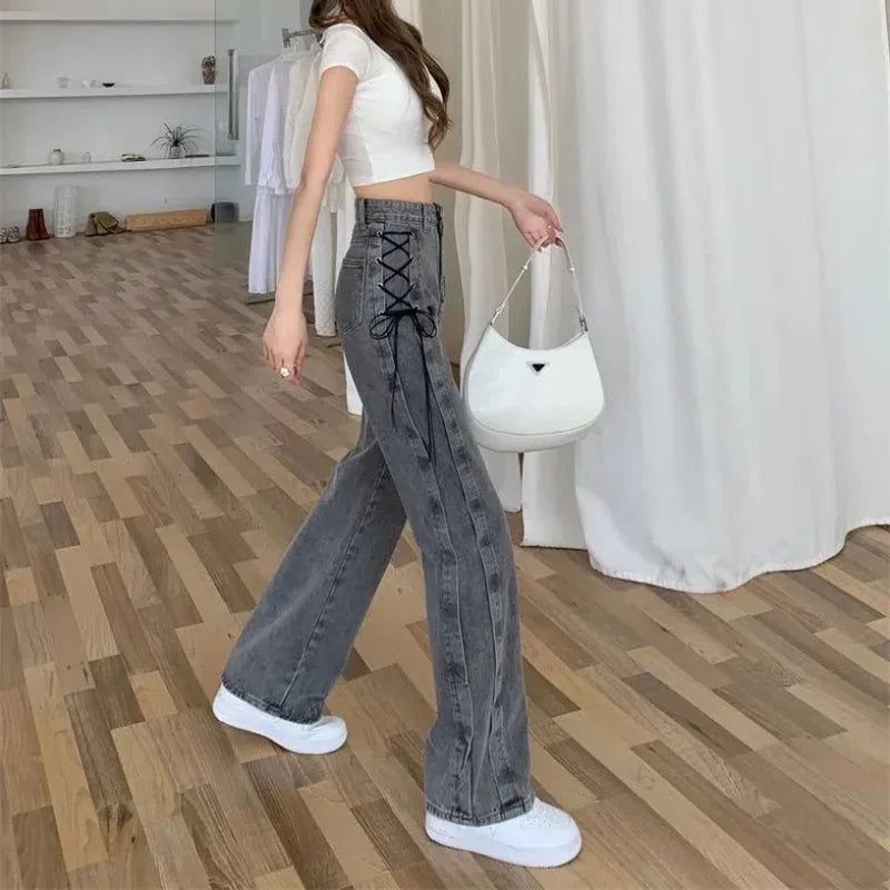 2000s Y2k Bandage Baggy Jeans Women Korean Style Oversize Denim Pants Vintage Harajuku Streetwear Wide Leg Trousers